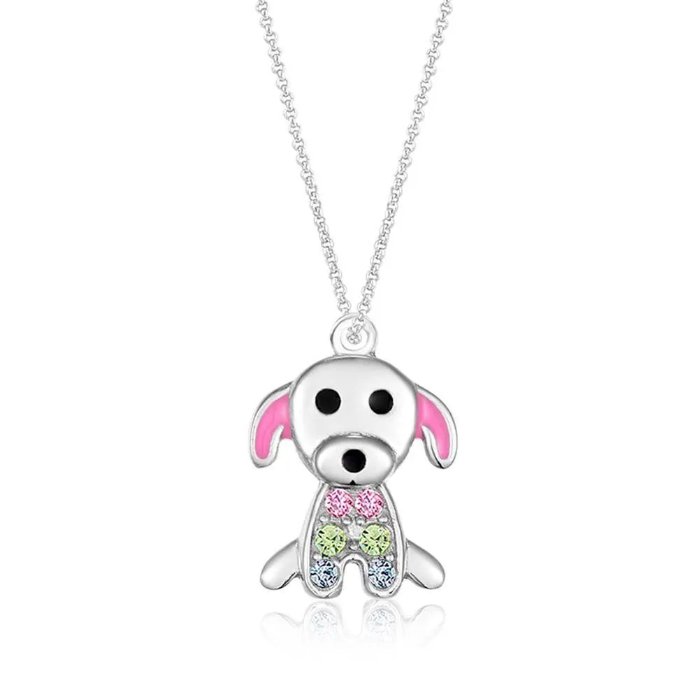 Dog Multicolored Crystal White Gold Palladium Girl's Pendant Necklace