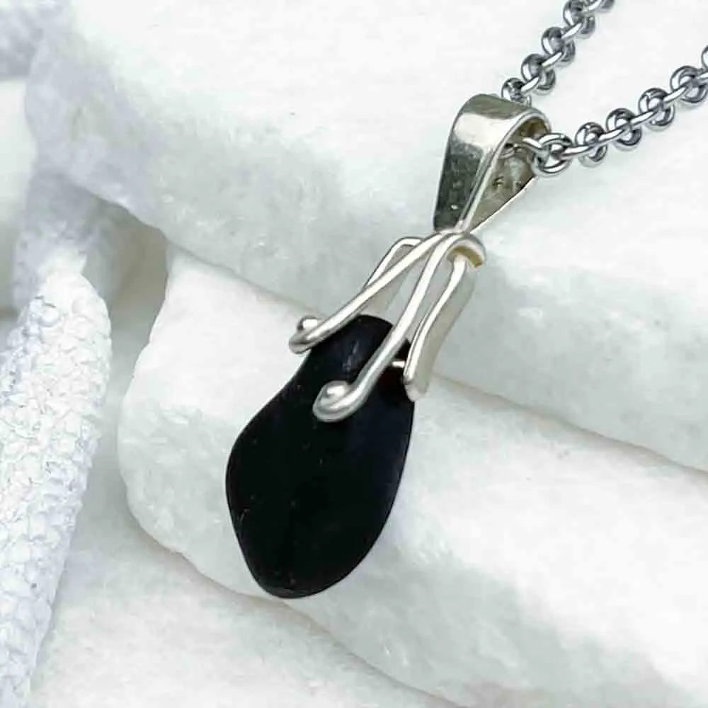 Dramatic Deep Black Sea Glass Pendant with Sterling Silver Bail | 5241