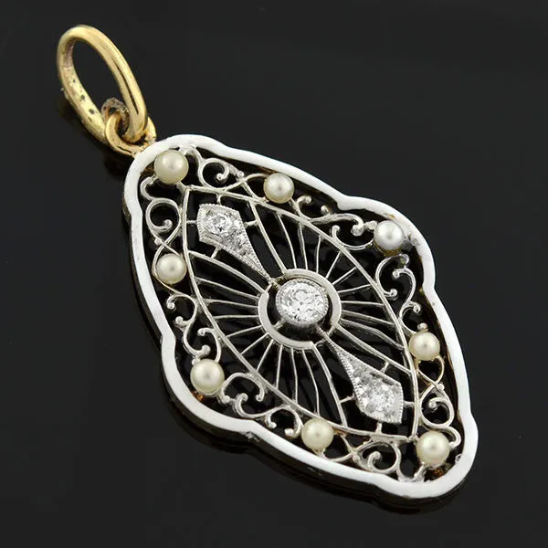 Edwardian Pearl, Diamond & Enamel Filigree Pendant