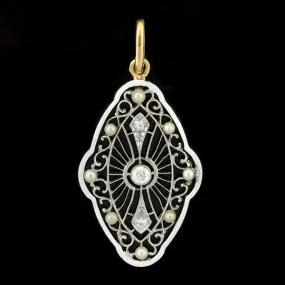 Edwardian Pearl, Diamond & Enamel Filigree Pendant