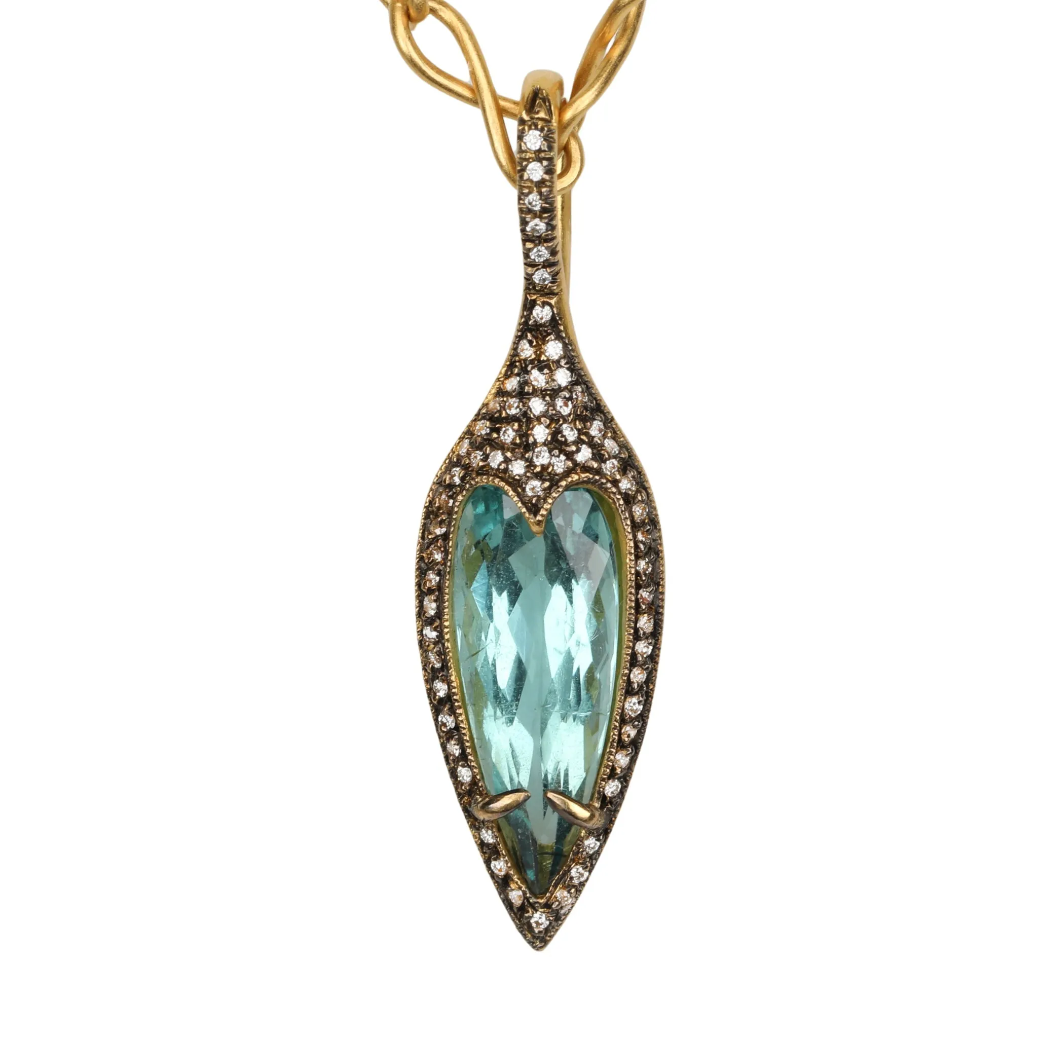 Elongated Jeweled Thorn Blue-Green Tourmaline Pendant with Diamonds