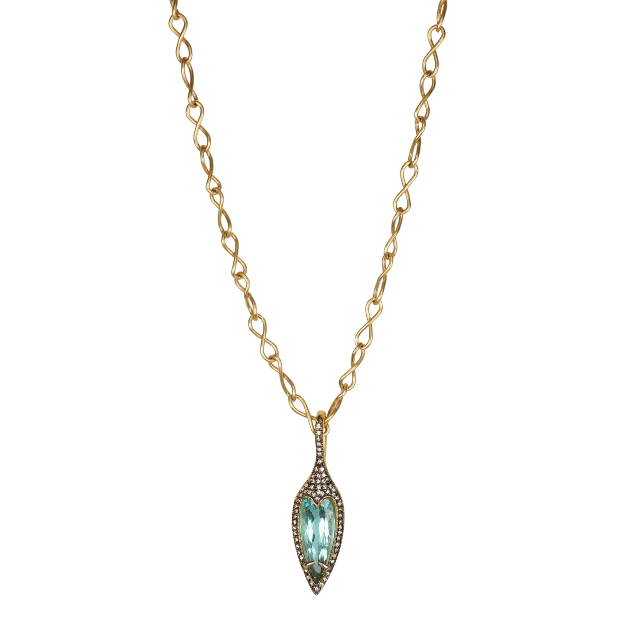 Elongated Jeweled Thorn Blue-Green Tourmaline Pendant with Diamonds