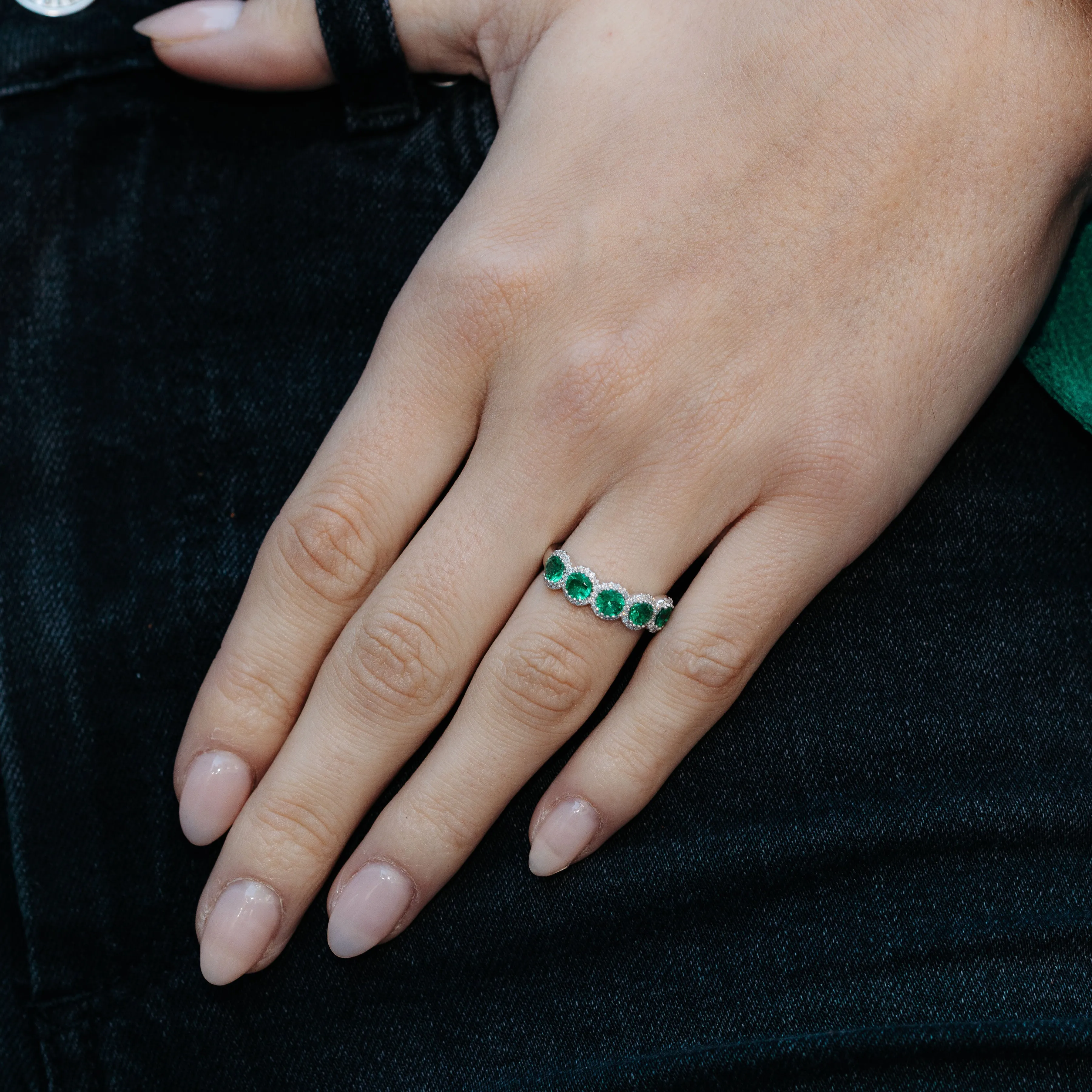 Emerald & Diamond Round Halo Ring