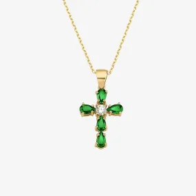 Emerald Cross Necklace | 14K Solid Gold