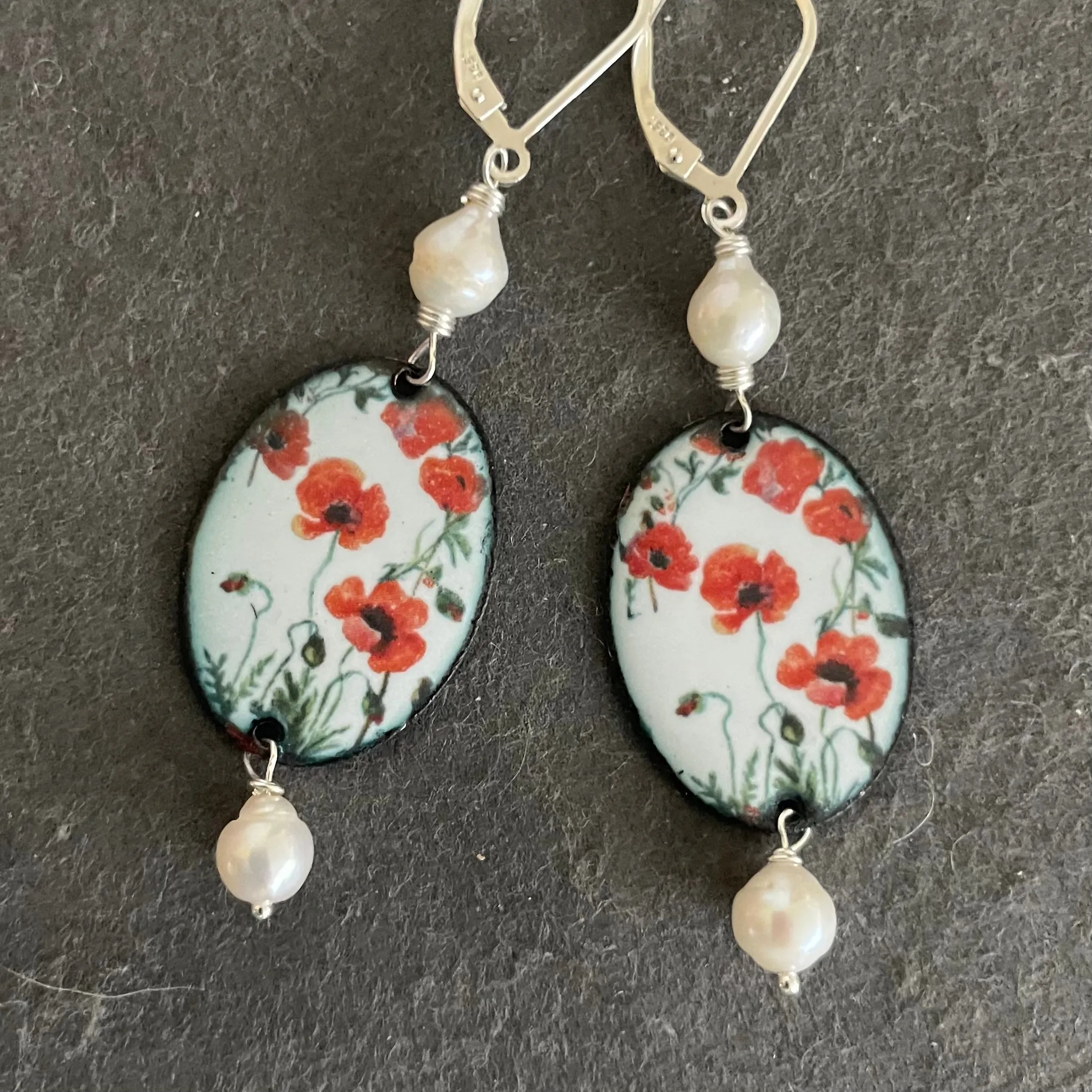 Enamel and Pearl Dangles, OOAK, Leverback