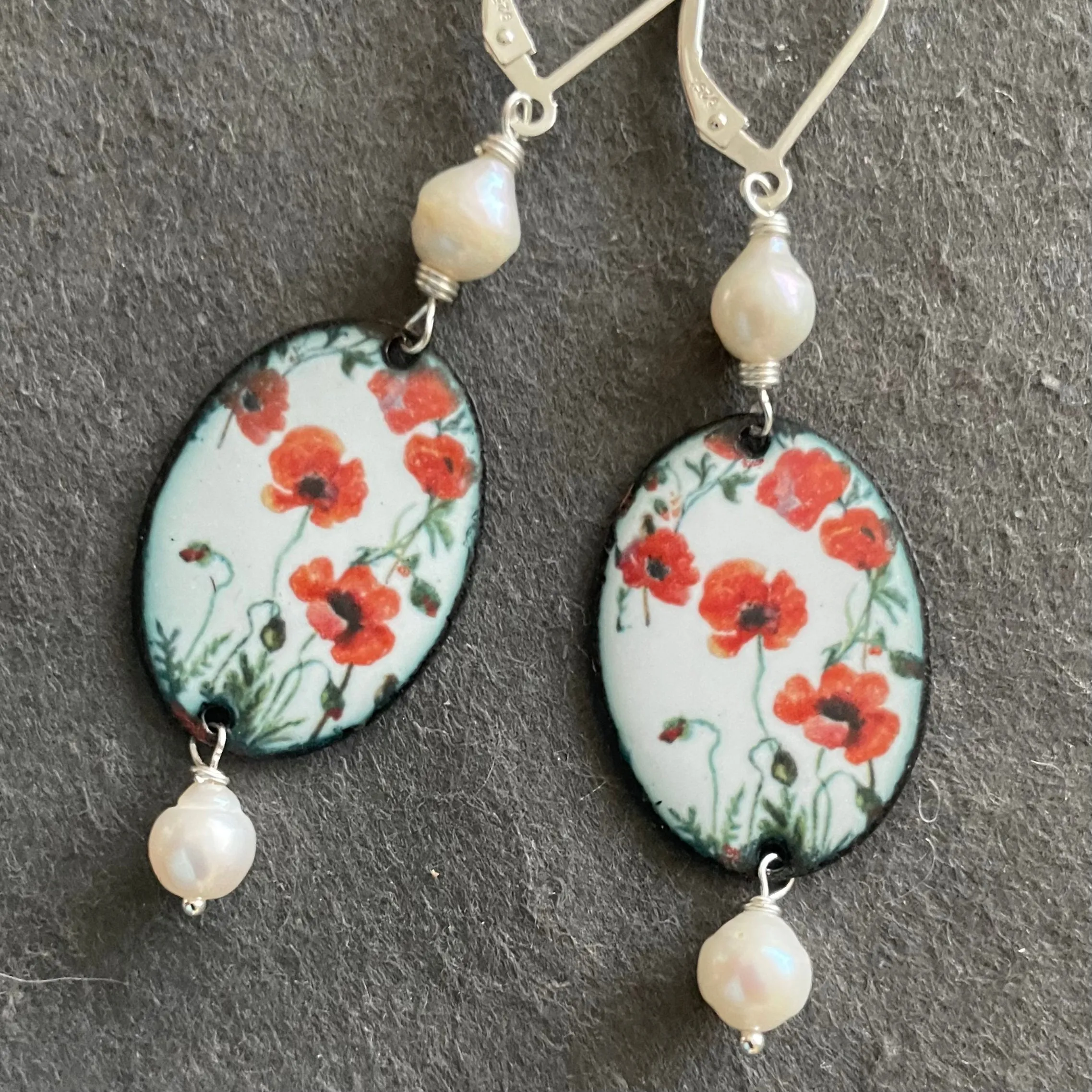 Enamel and Pearl Dangles, OOAK, Leverback