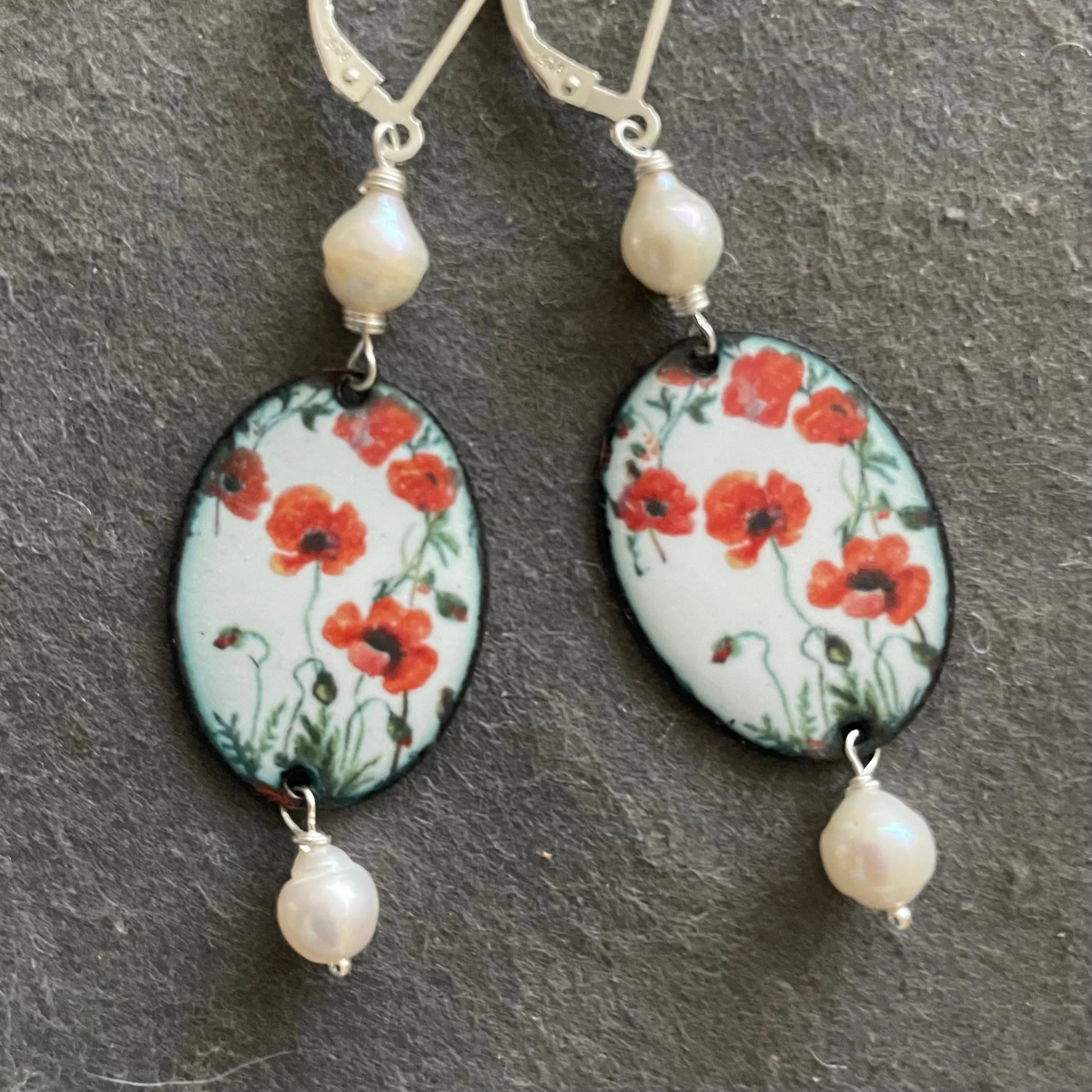 Enamel and Pearl Dangles, OOAK, Leverback