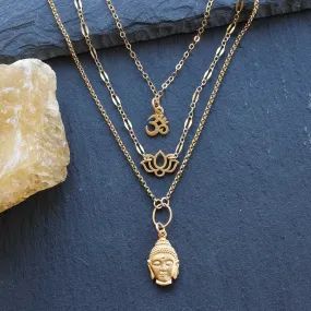 Enlightenment - Buddha Lotus Om Gold Triple-Strand Gold Necklace