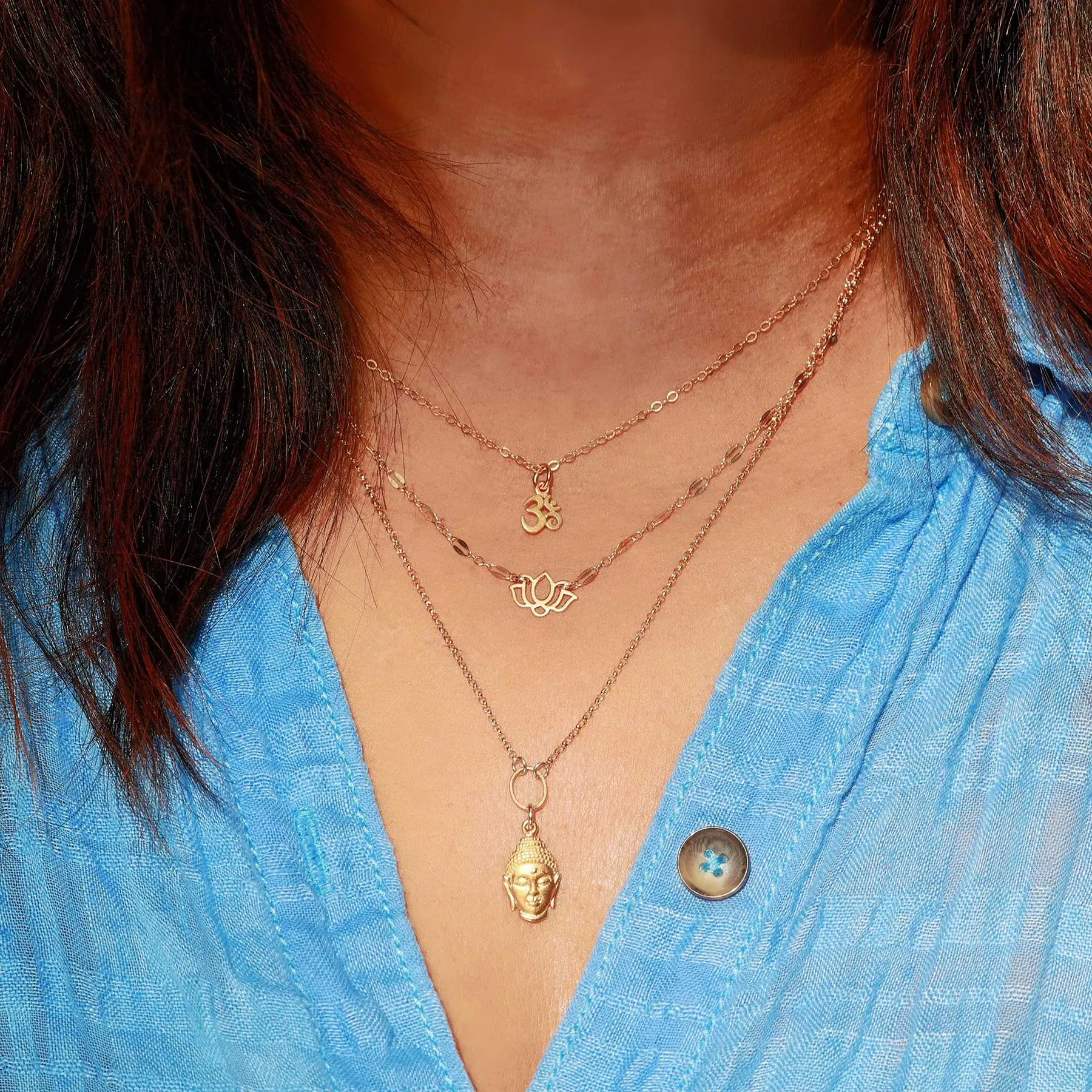 Enlightenment - Buddha Lotus Om Gold Triple-Strand Gold Necklace