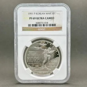 Estate 0.900 Fine Silver 1991 P Korean War s$1 Coin NGC PF69