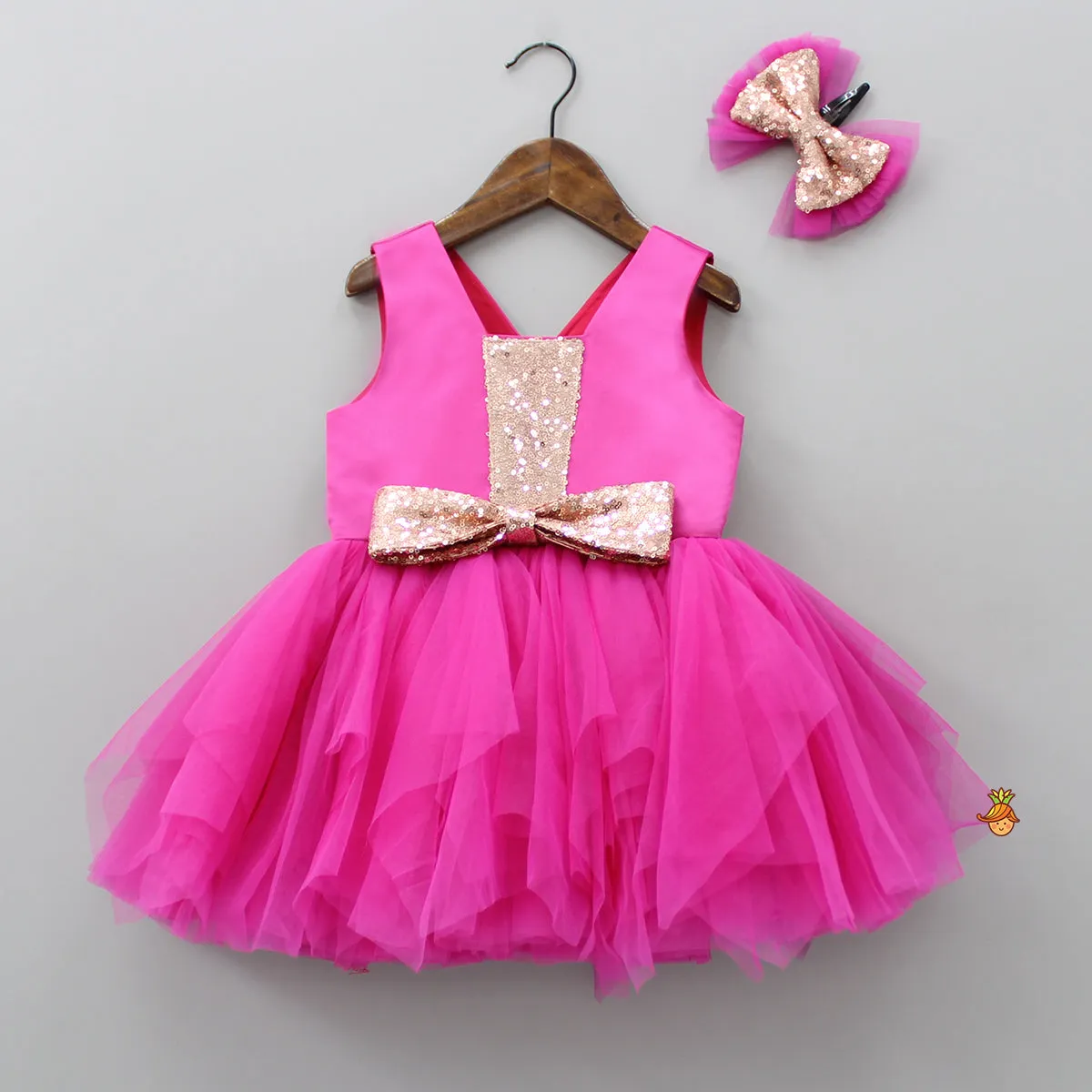 Fancy Bright Pink Sequined Dress With Snap Hair Clip