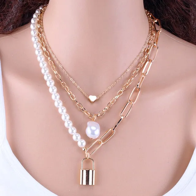 Fashion Gold Silver Chain Pearl Necklace For Women Pearl Metal Pendants Necklaces