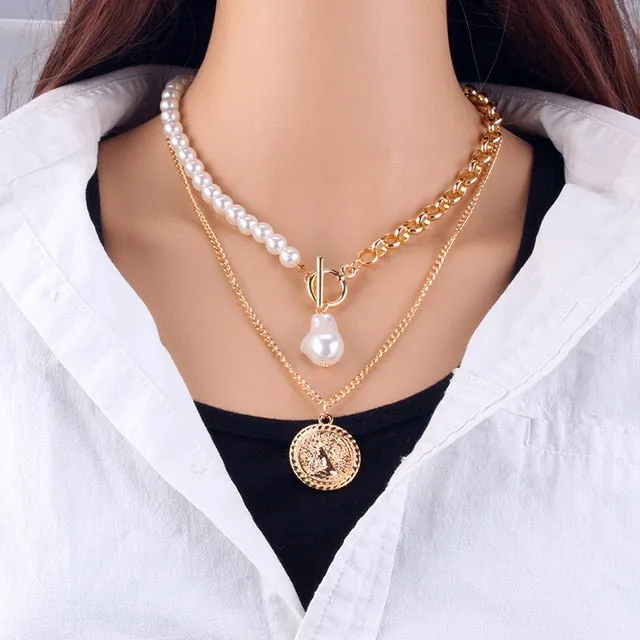 Fashion Gold Silver Chain Pearl Necklace For Women Pearl Metal Pendants Necklaces