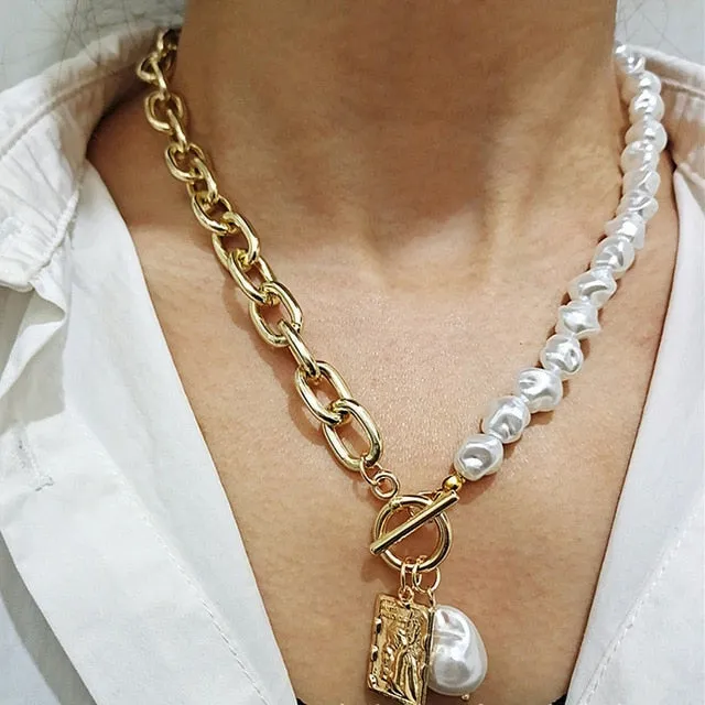 Fashion Gold Silver Chain Pearl Necklace For Women Pearl Metal Pendants Necklaces