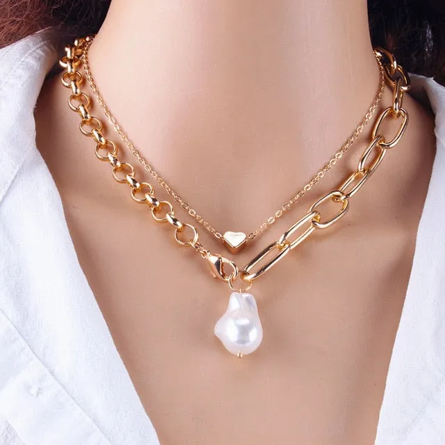 Fashion Gold Silver Chain Pearl Necklace For Women Pearl Metal Pendants Necklaces