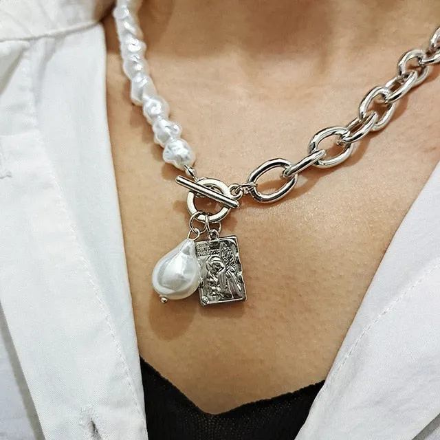 Fashion Gold Silver Chain Pearl Necklace For Women Pearl Metal Pendants Necklaces