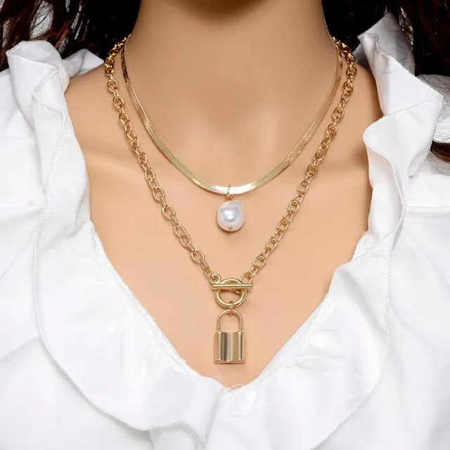 Fashion Gold Silver Chain Pearl Necklace For Women Pearl Metal Pendants Necklaces