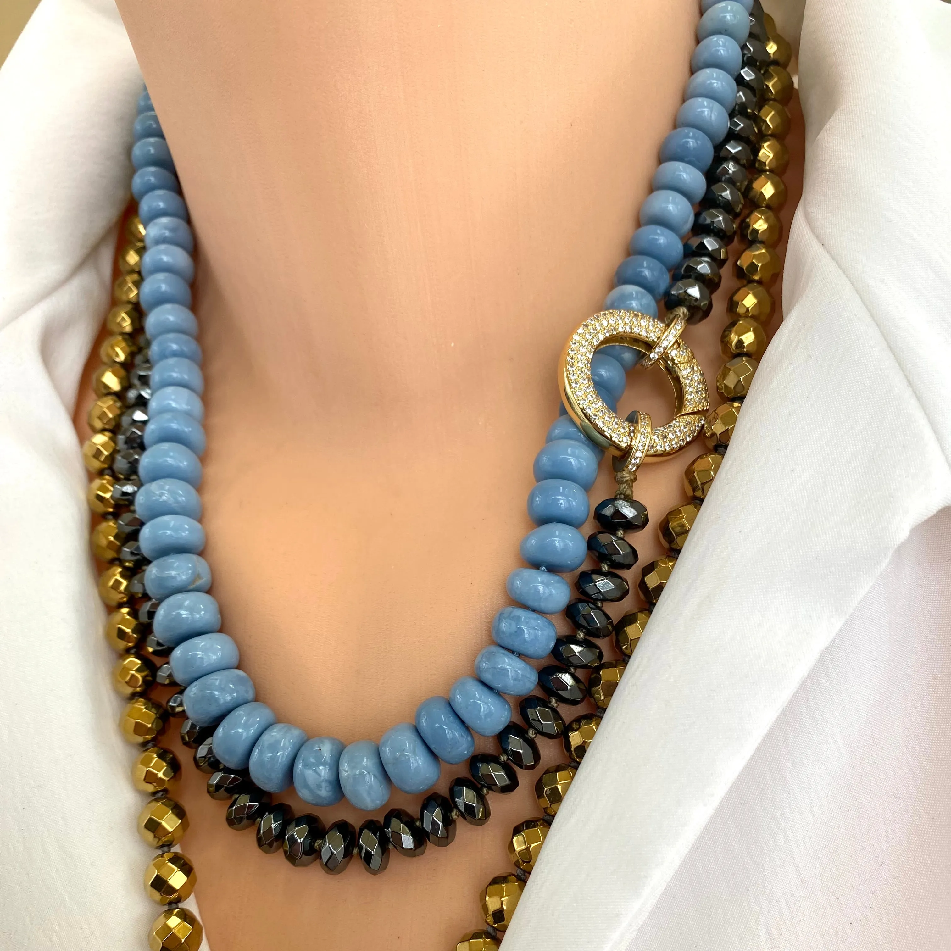 Festive Hematite Candy Necklace w Gold Plated Statement Clasp, 20.5inches, Hand Knotted