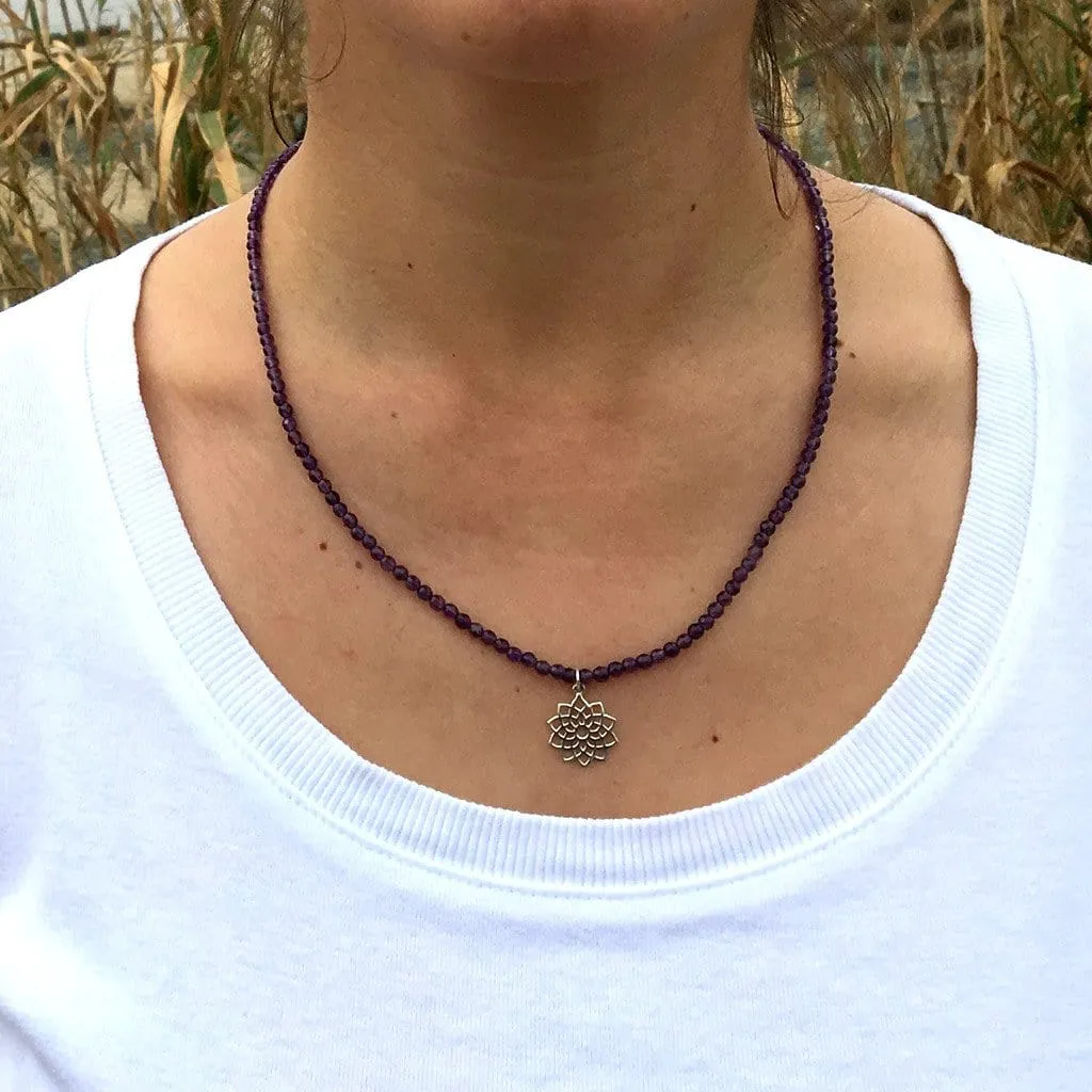 Fine Faceted Amethyst and Sterling Silver 'Crown Chakra' Pendant Necklace