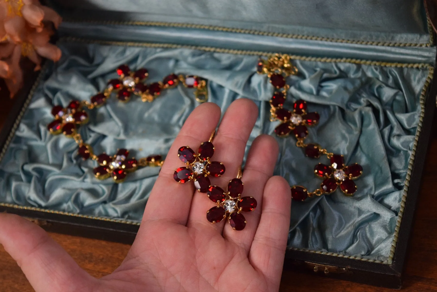 Floral Necklace - Swarovski Garnet Oval Crystals