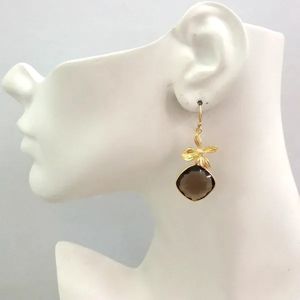 Flower with Smokey Quartz Double Drop Earrings