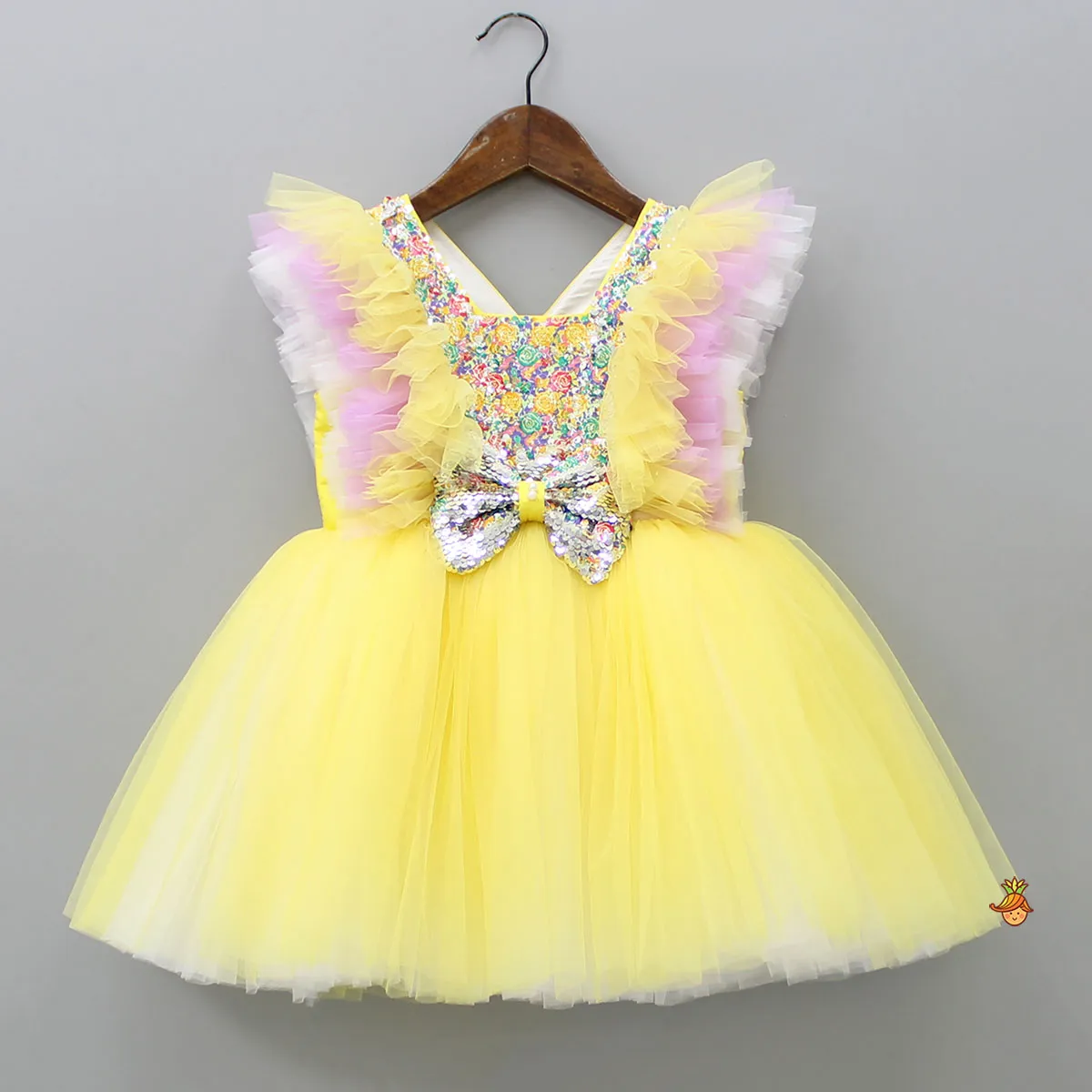 Frilly Sequin Work Yellow Dress With Matching Hair Clip