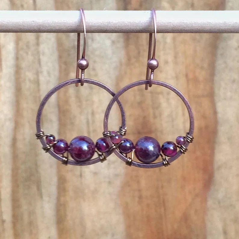 Garnet and Copper Small Hoop Earrings