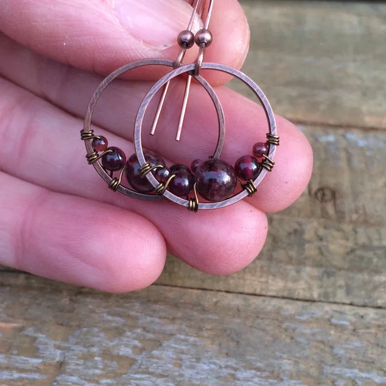 Garnet and Copper Small Hoop Earrings