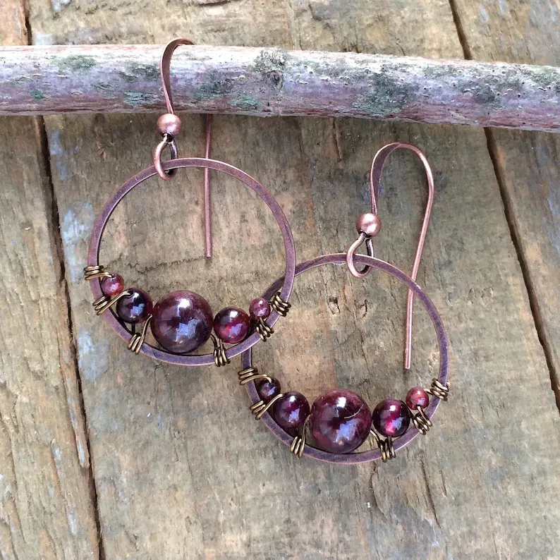 Garnet and Copper Small Hoop Earrings