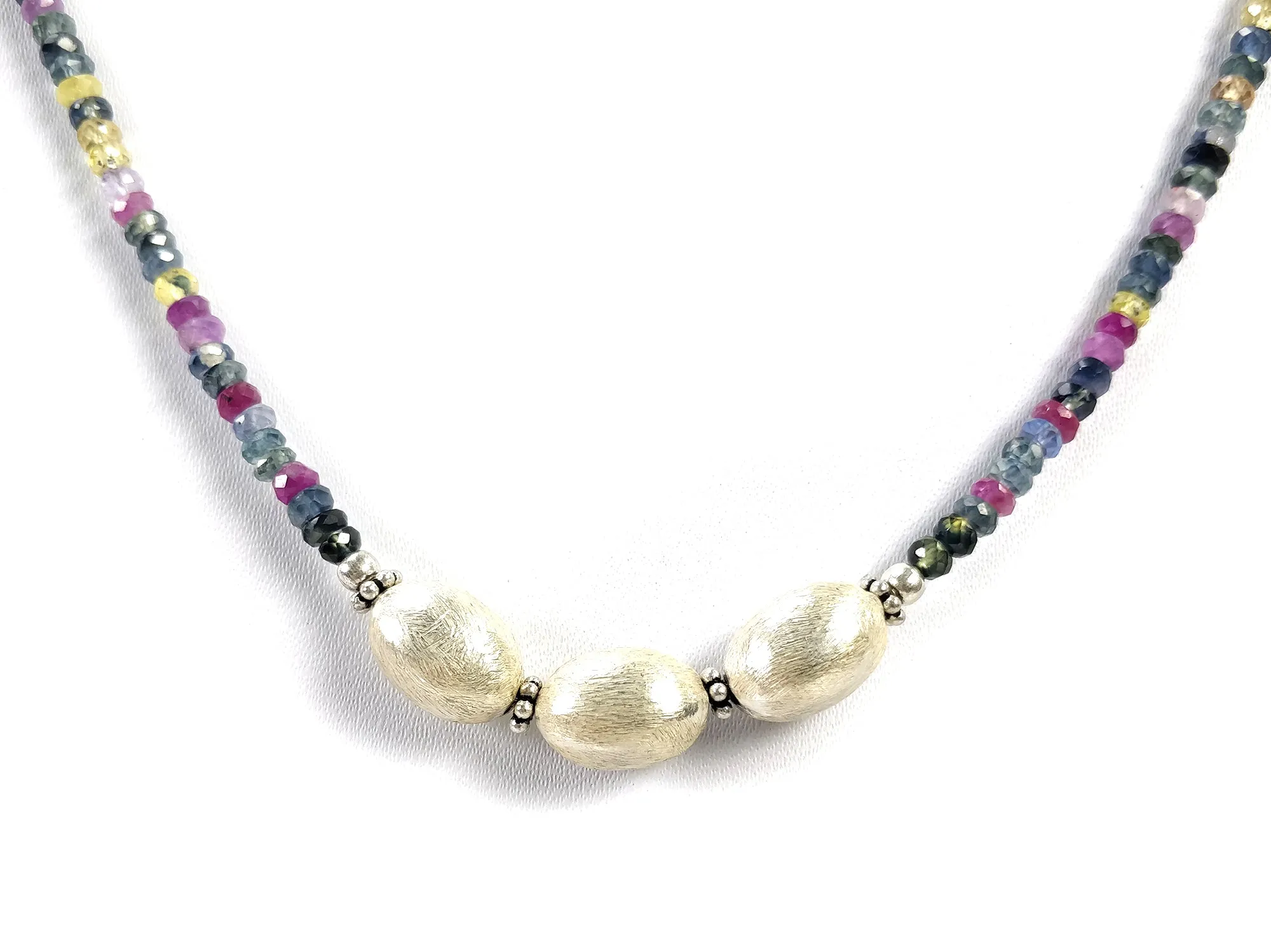 Gemstone Beads Necklace : Natural Multi Sapphire Silver Bead Pendant Bead Woman Chain Necklace 925 Sterling Silver 18.5" Gift (With Video)