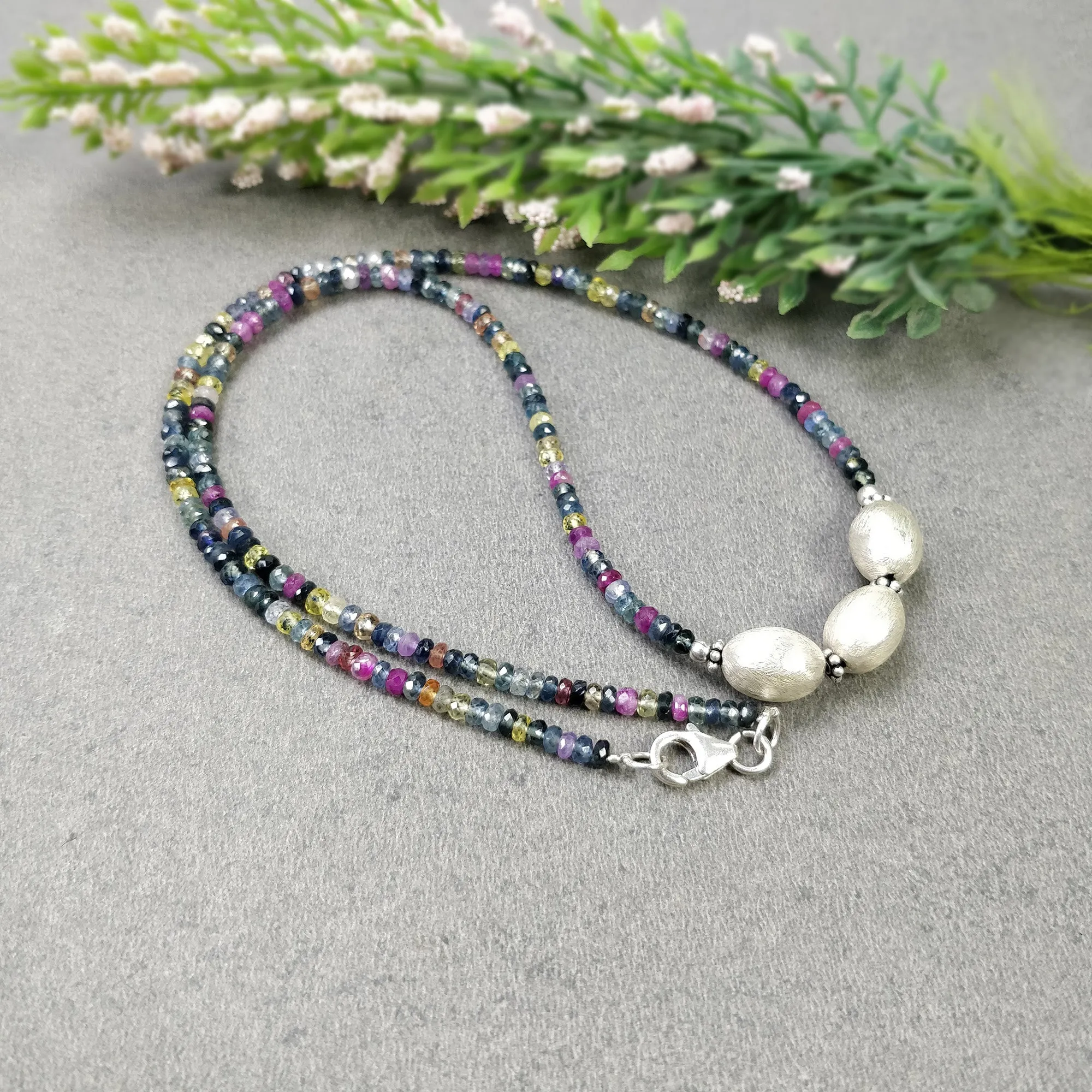 Gemstone Beads Necklace : Natural Multi Sapphire Silver Bead Pendant Bead Woman Chain Necklace 925 Sterling Silver 18.5" Gift (With Video)