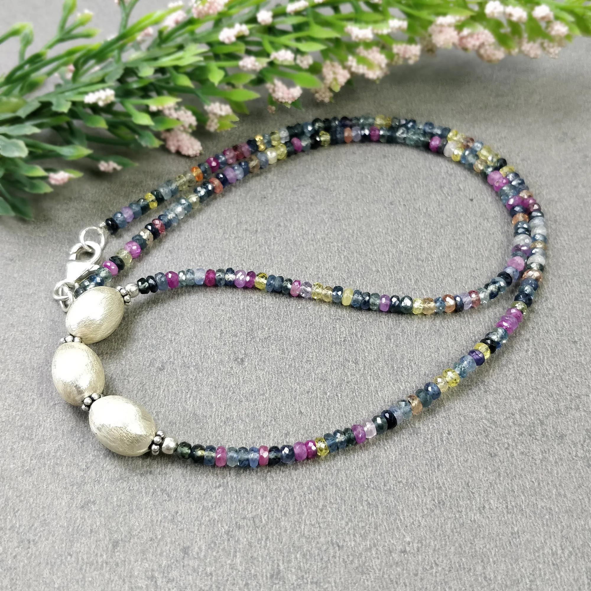 Gemstone Beads Necklace : Natural Multi Sapphire Silver Bead Pendant Bead Woman Chain Necklace 925 Sterling Silver 18.5" Gift (With Video)