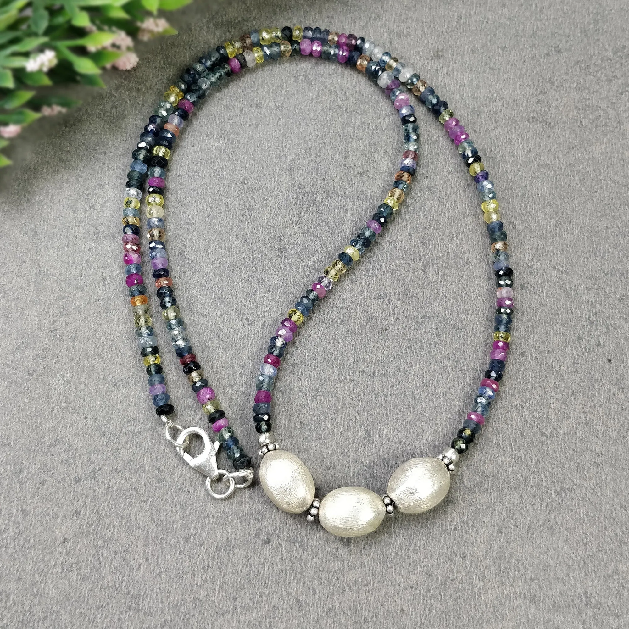 Gemstone Beads Necklace : Natural Multi Sapphire Silver Bead Pendant Bead Woman Chain Necklace 925 Sterling Silver 18.5" Gift (With Video)