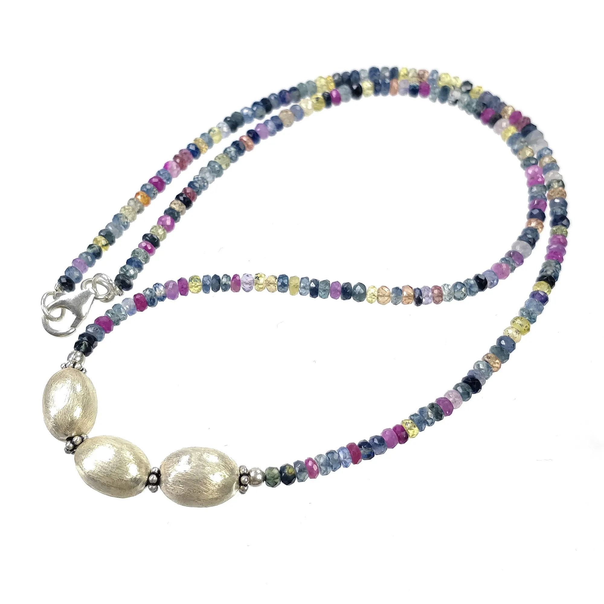 Gemstone Beads Necklace : Natural Multi Sapphire Silver Bead Pendant Bead Woman Chain Necklace 925 Sterling Silver 18.5" Gift (With Video)