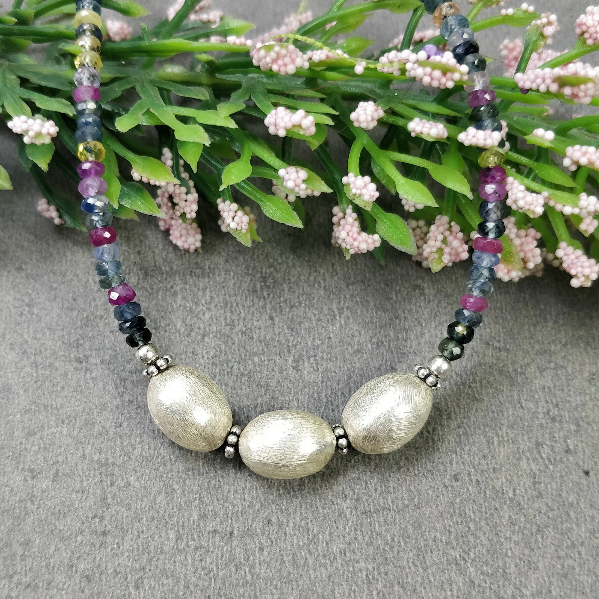 Gemstone Beads Necklace : Natural Multi Sapphire Silver Bead Pendant Bead Woman Chain Necklace 925 Sterling Silver 18.5" Gift (With Video)