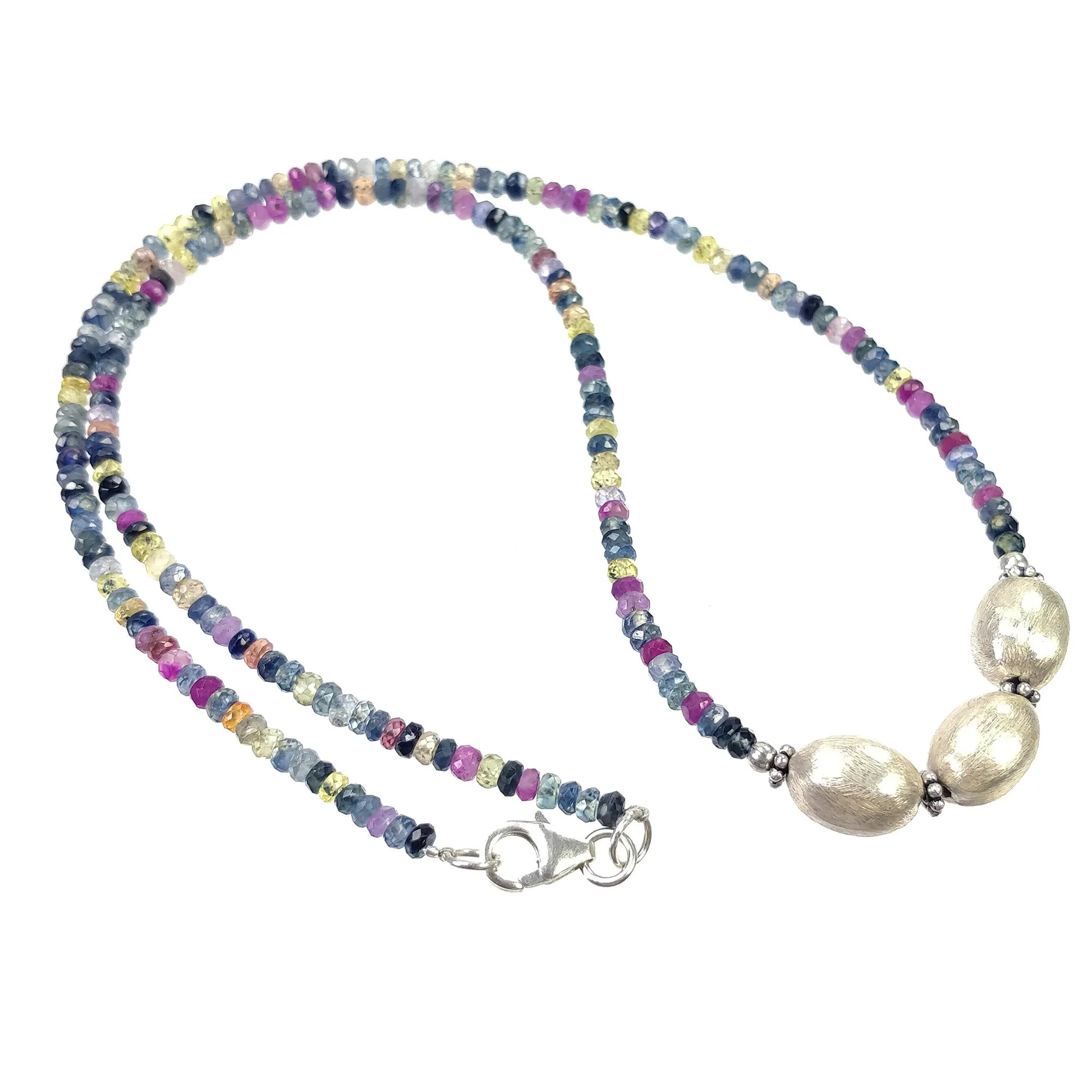 Gemstone Beads Necklace : Natural Multi Sapphire Silver Bead Pendant Bead Woman Chain Necklace 925 Sterling Silver 18.5" Gift (With Video)