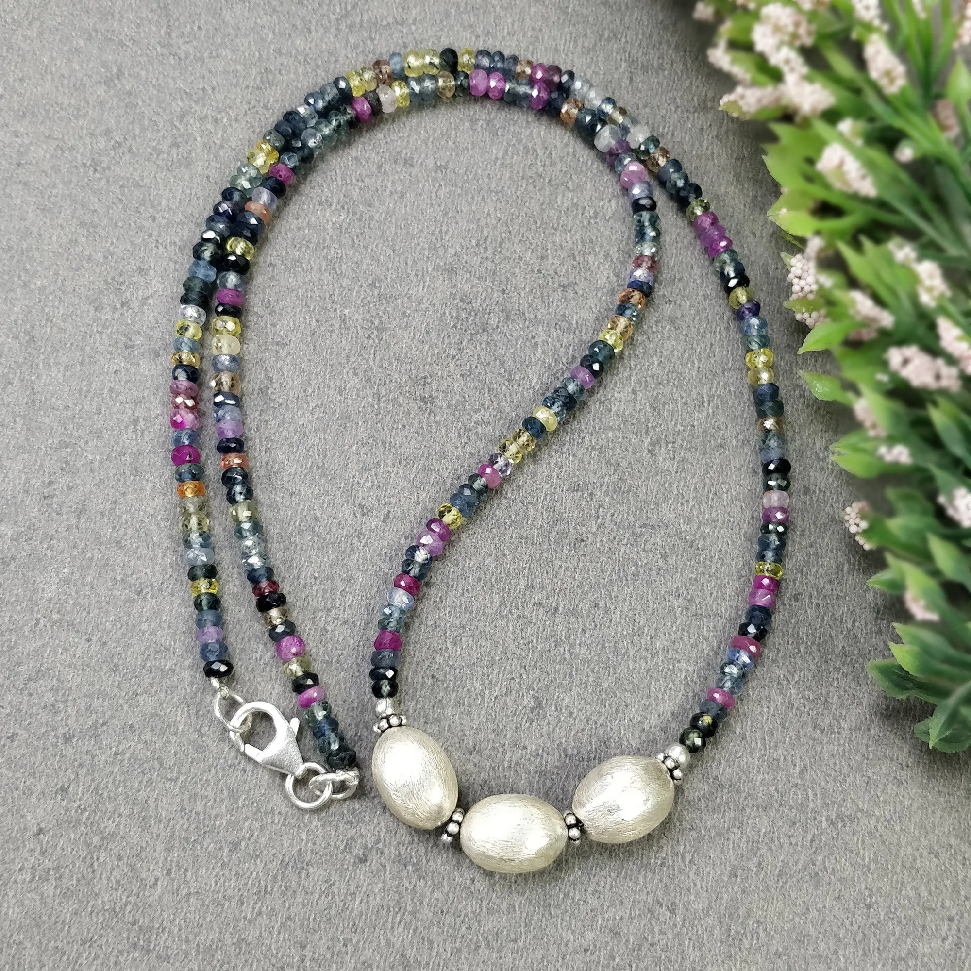 Gemstone Beads Necklace : Natural Multi Sapphire Silver Bead Pendant Bead Woman Chain Necklace 925 Sterling Silver 18.5" Gift (With Video)