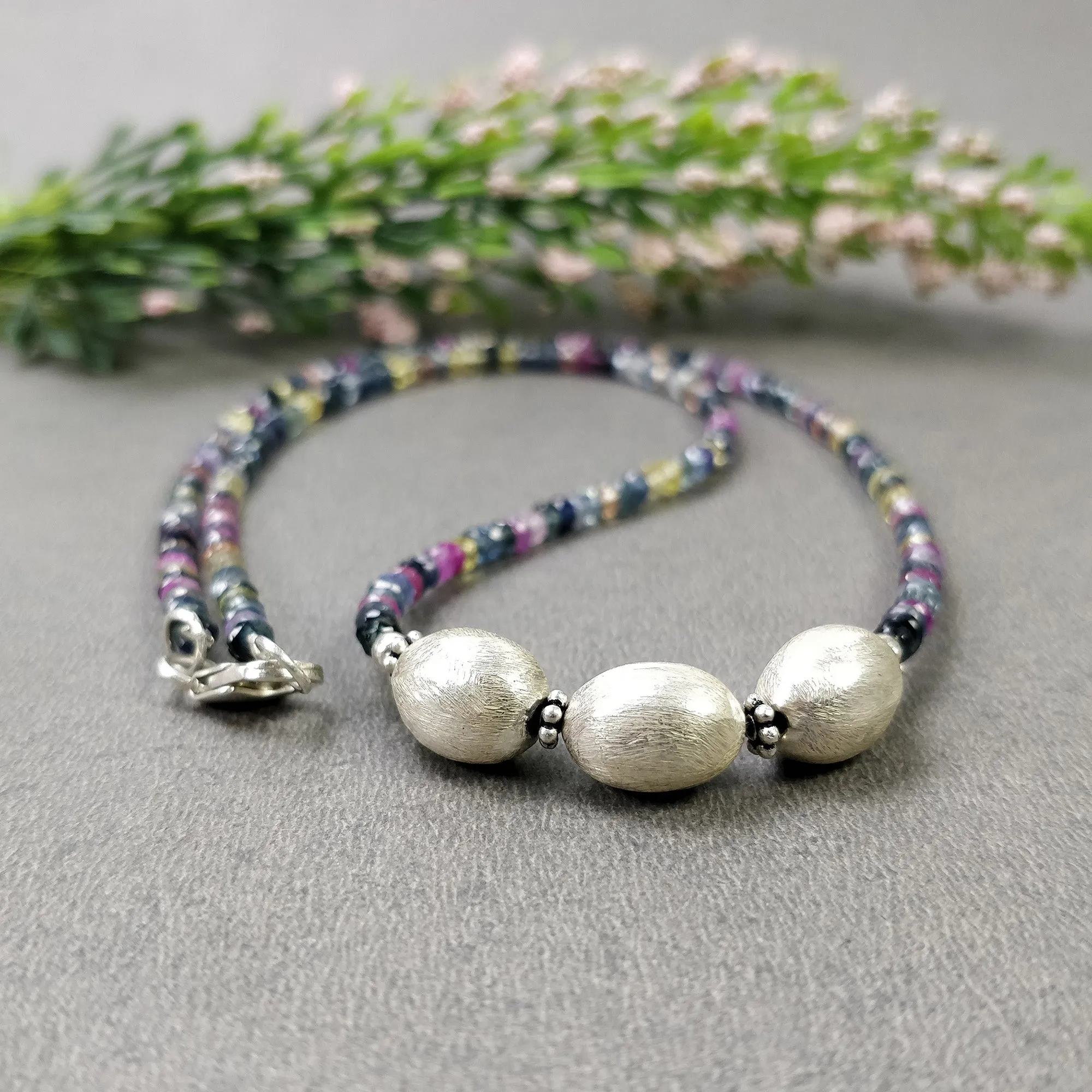 Gemstone Beads Necklace : Natural Multi Sapphire Silver Bead Pendant Bead Woman Chain Necklace 925 Sterling Silver 18.5" Gift (With Video)