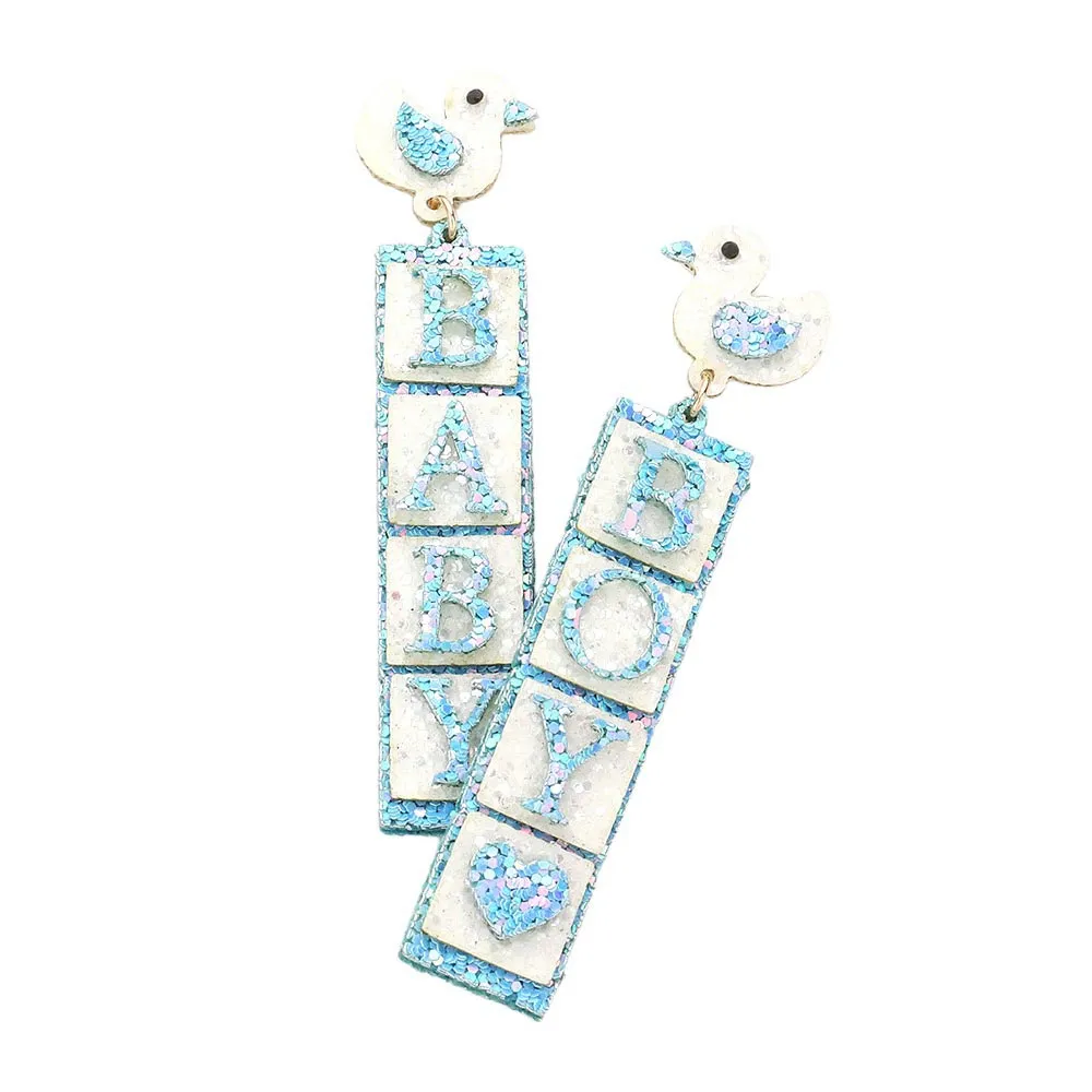 Glittered Chick Baby Boy Message Dangle Earrings