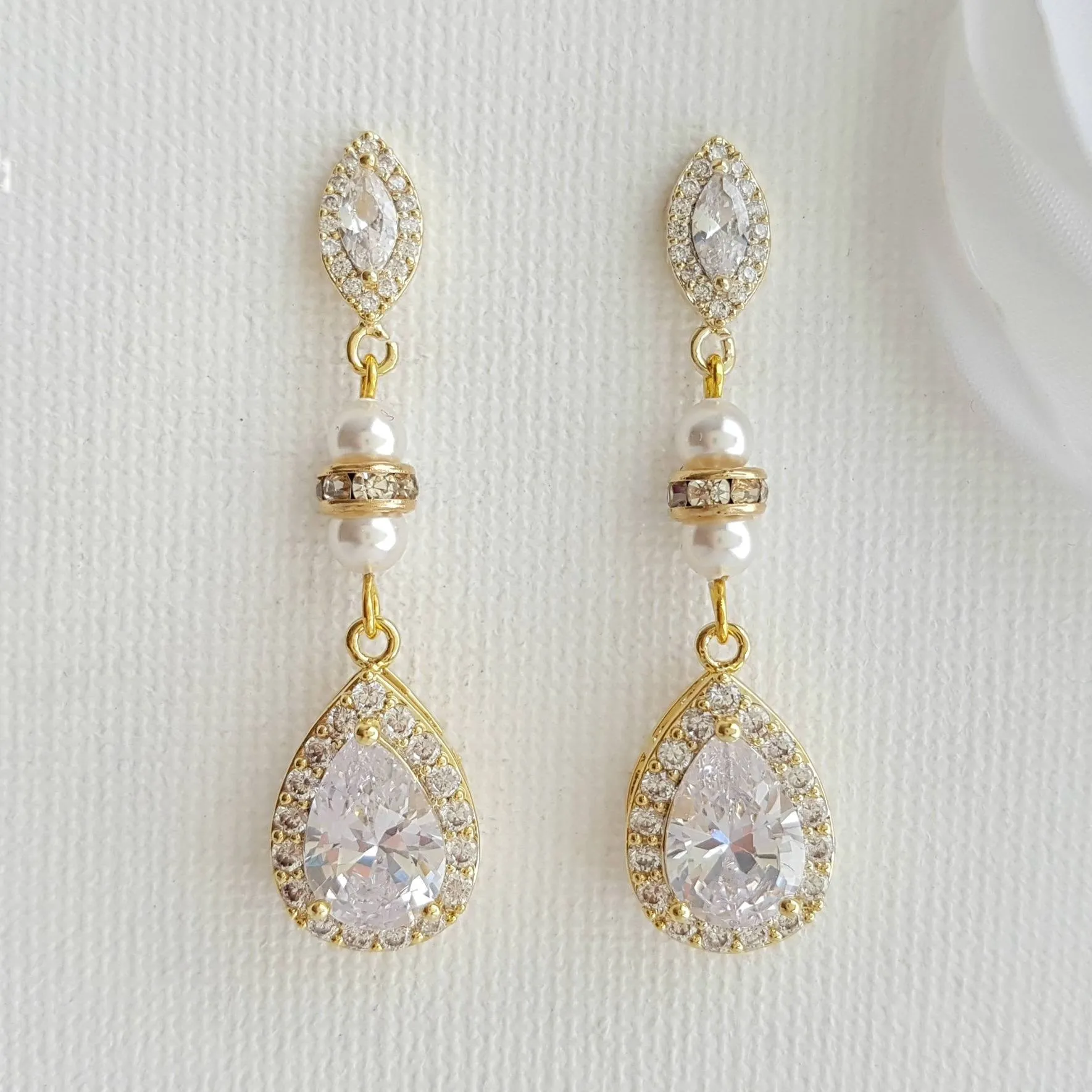 Gold and Pearl Wedding Drop Earrings-Ella