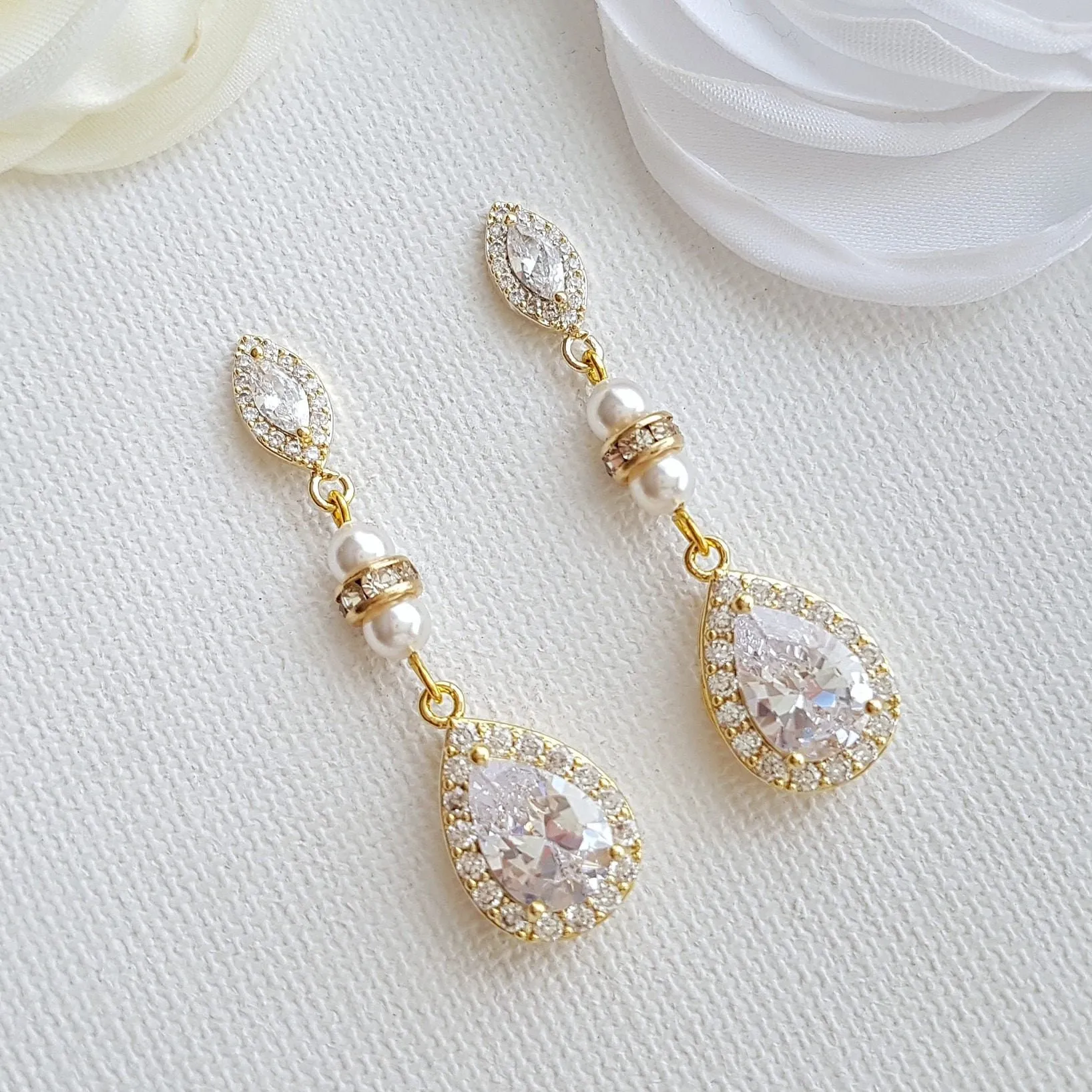 Gold and Pearl Wedding Drop Earrings-Ella