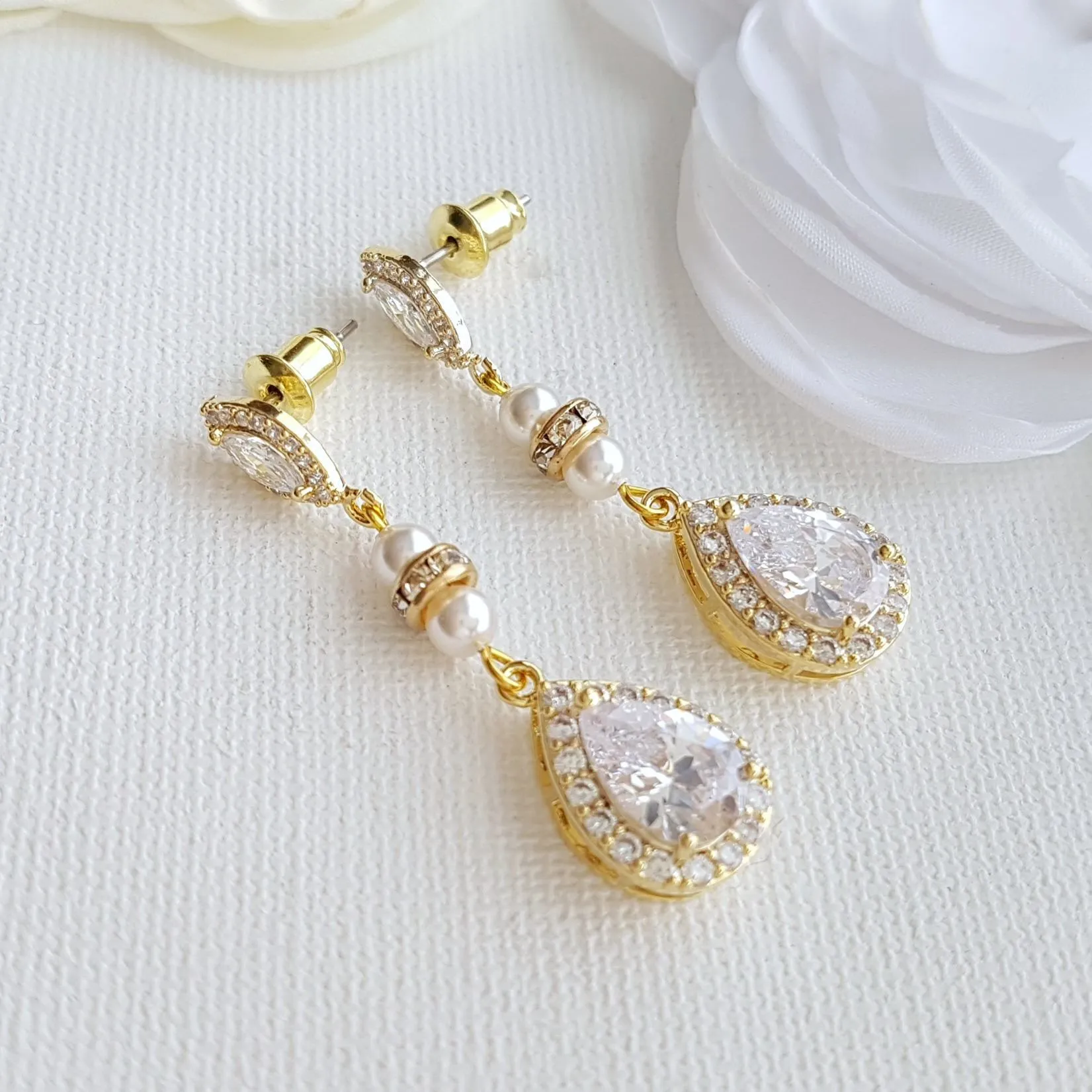 Gold and Pearl Wedding Drop Earrings-Ella