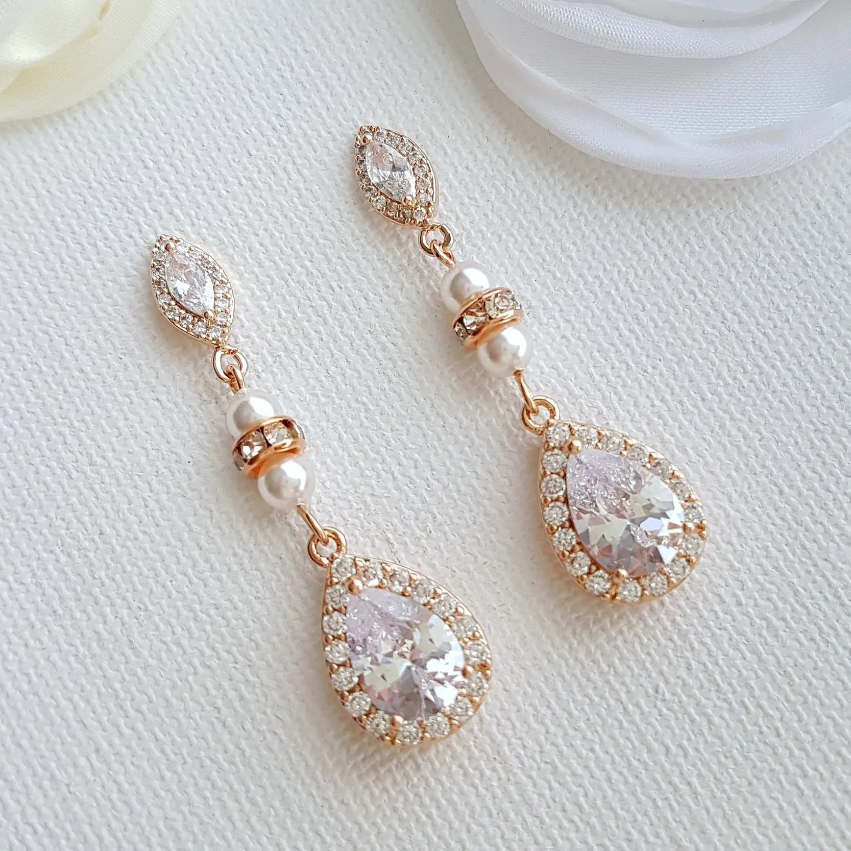 Gold and Pearl Wedding Drop Earrings-Ella