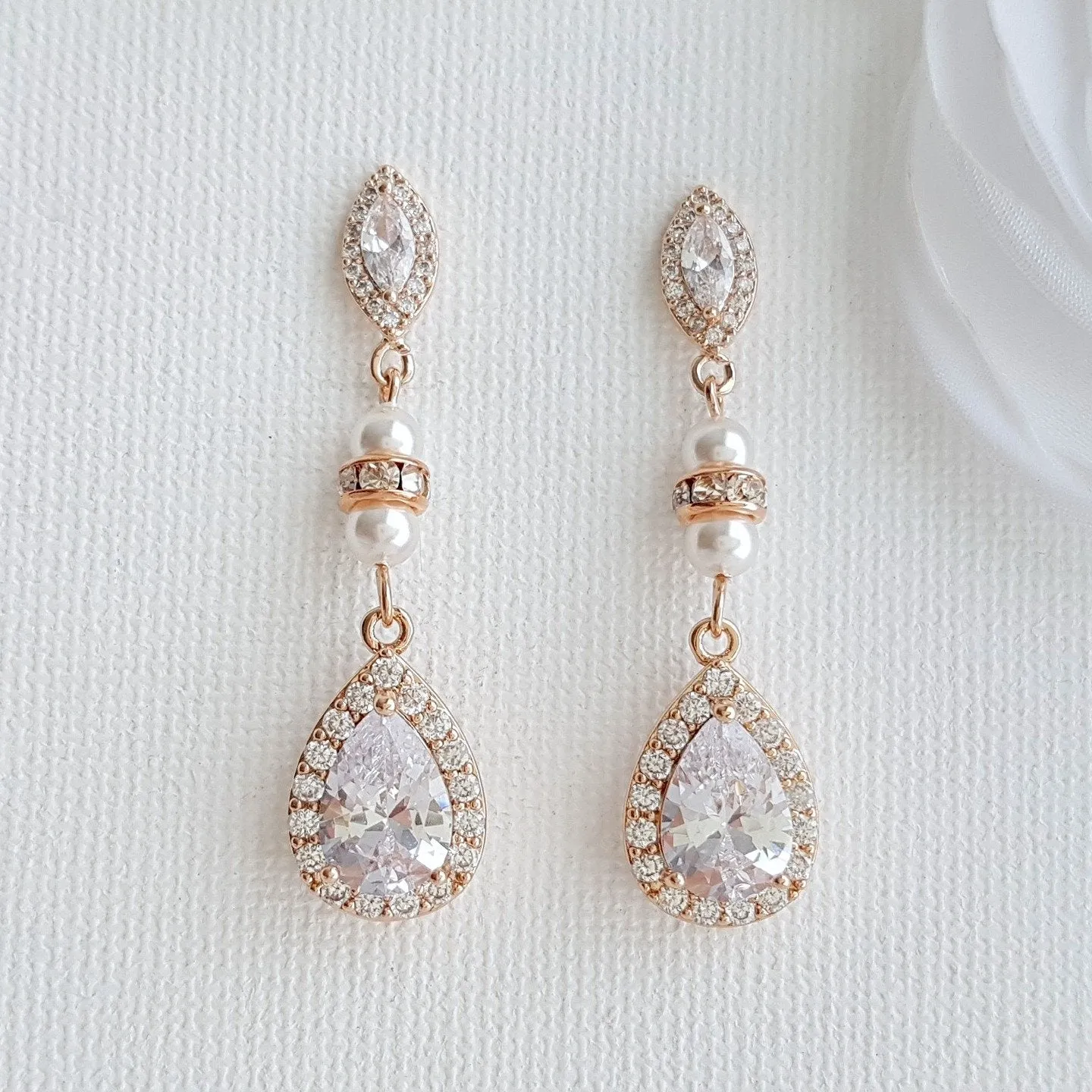 Gold and Pearl Wedding Drop Earrings-Ella