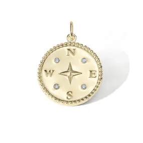 Gold Compass Pendant with White Diamond Inlay