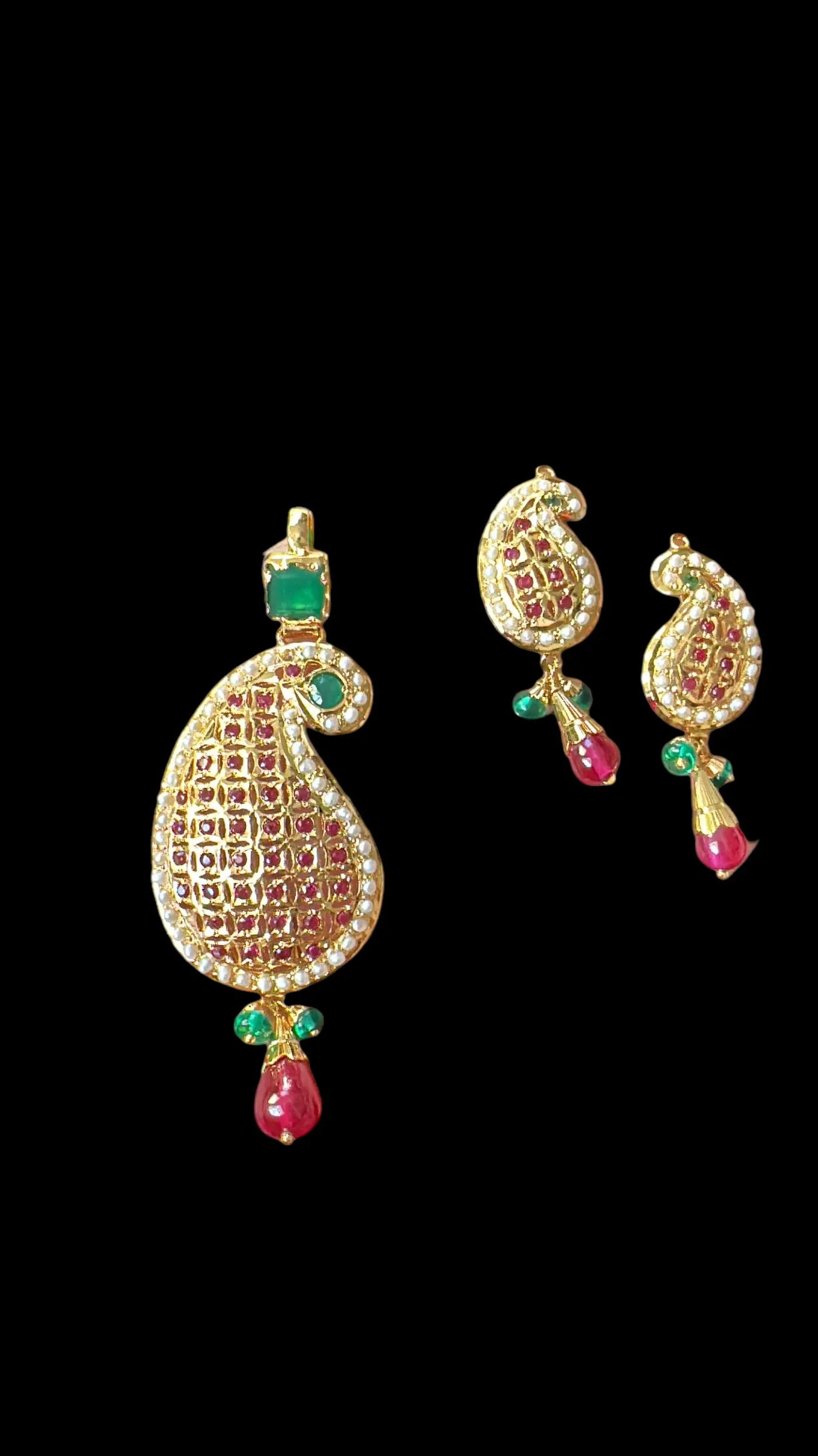 Gold plated jadau silver pendant set in ruby emeralds   ( READY TO SHIP )