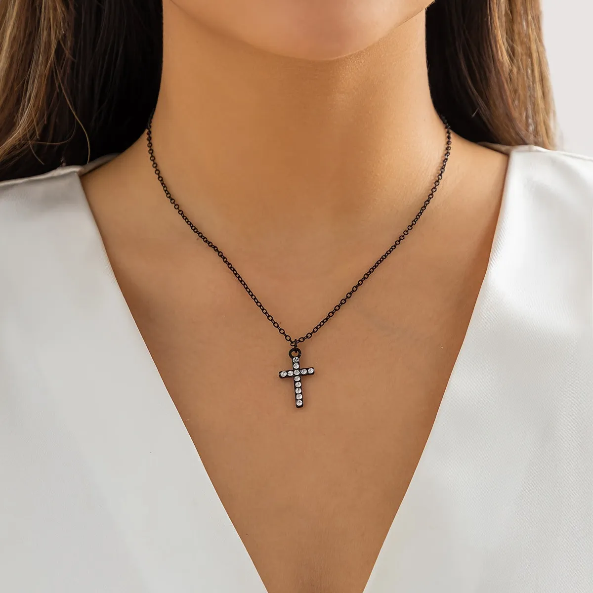 Gorgeous Minimalist Dainty Fashion Rhinestone Cross Pendant Necklace