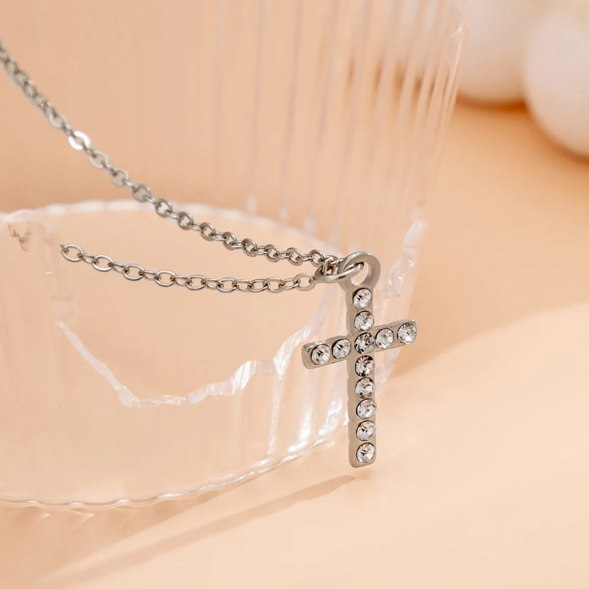 Gorgeous Minimalist Dainty Fashion Rhinestone Cross Pendant Necklace