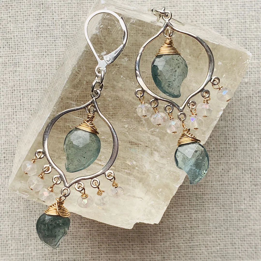 Grayson - Moss Aquamarine and Moonstone Sterling Silver Chandelier Earrings