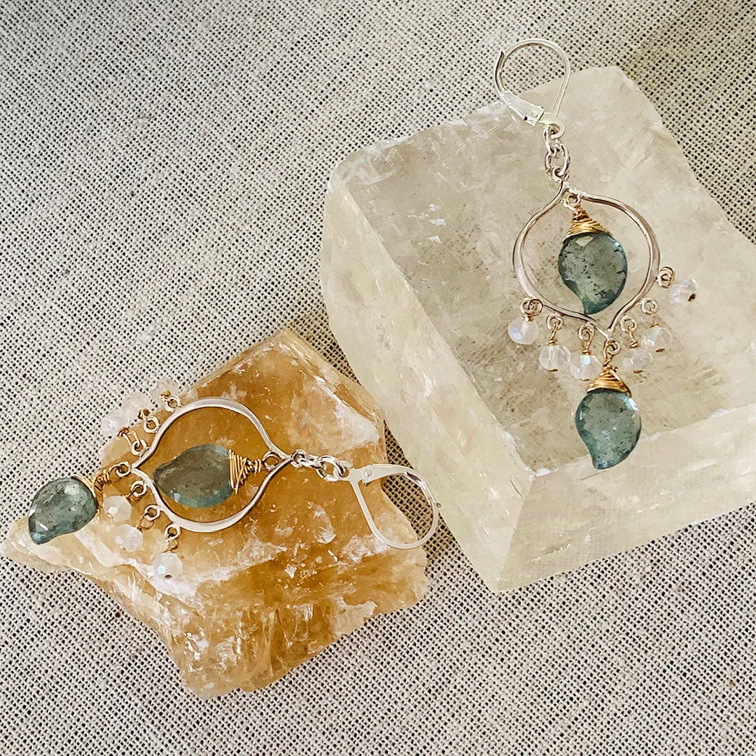 Grayson - Moss Aquamarine and Moonstone Sterling Silver Chandelier Earrings